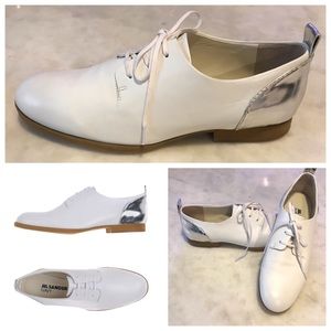 EUC Jil Sander Navy Lace Up Shoe White & Silver Metallic